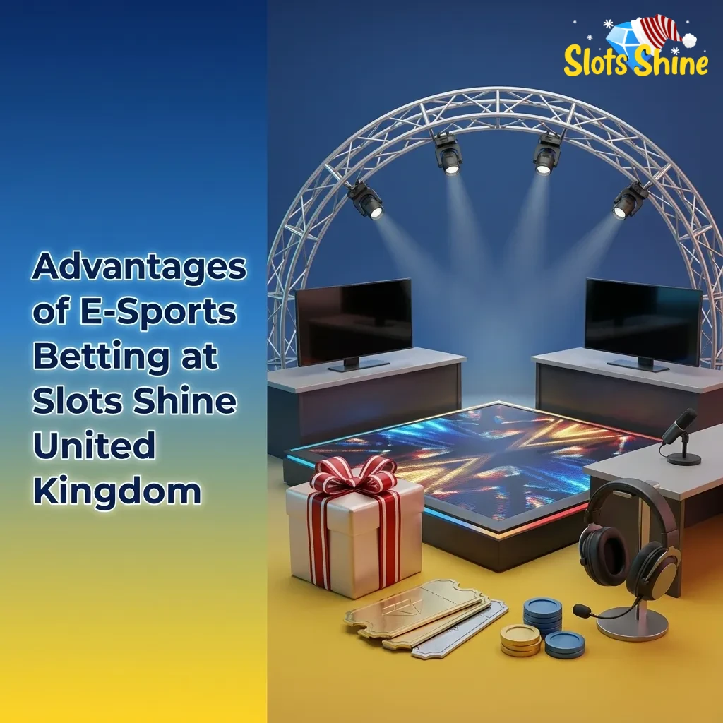 Graphic titled “Advantages of E-Sports Betting at Slots Shine UK” listing odds, payments, support, mobile app, and bonuses