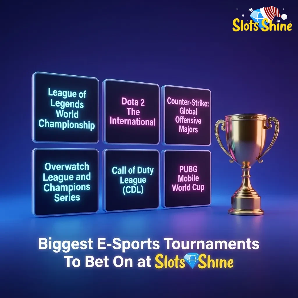 Table of top esports tournaments for Dota 2, CS2, LoL, Valorant and more on a Slots Shine betting page