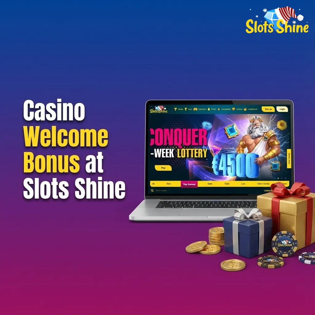 Slots Shine welcome bonus banner showing three tiered live casino offers for new UK players, with chips and roulette wheel