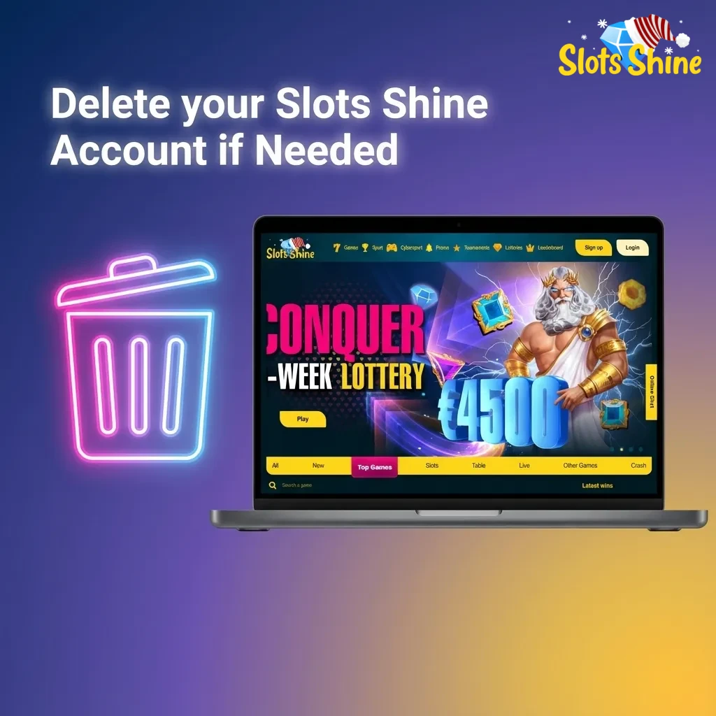 Illustration showing steps to delete or self-exclude from a Slots Shine online gambling account for safer betting choices