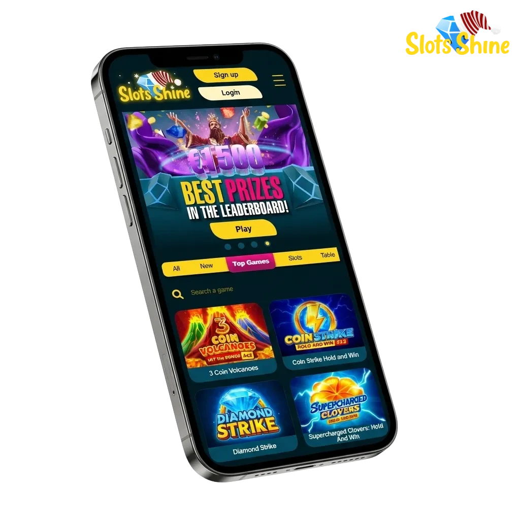 Slots Shine app promo showing Android and iOS icons, crypto and card payments, and tiered welcome bonus offers