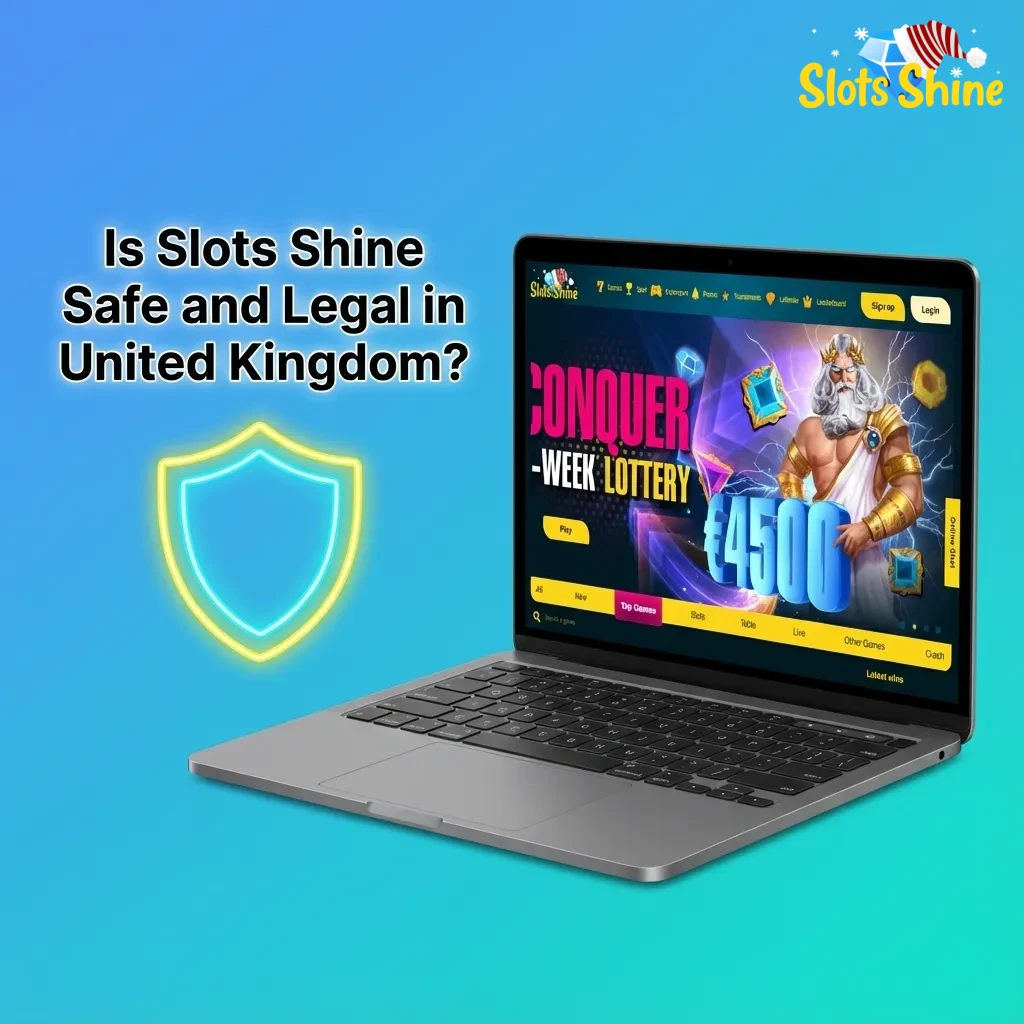 Illustration of Slots Shine website with UK legal badge, encryption lock, and responsible gaming icons indicating safety