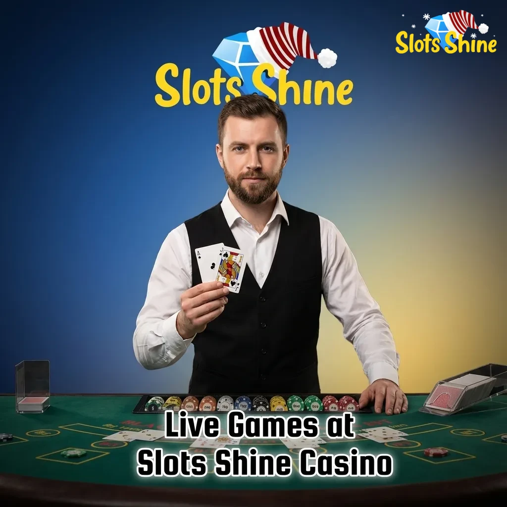 Live dealer tables at Slots Shine Casino showing roulette wheel, card games, and TV-style game show studio on screens