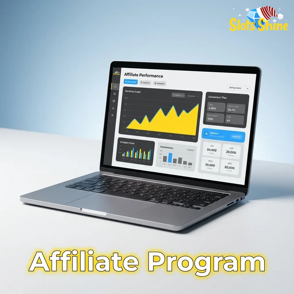 Slots Shine Affiliate Program webpage showing commission details and signup steps for partners promoting casino players