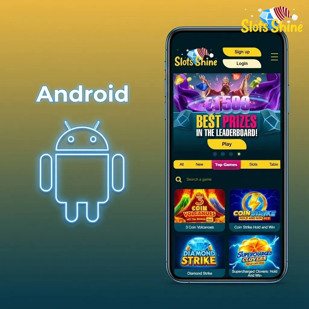 Illustration of Slots Shine Android app on a modern smartphone with betting options and slots visible on the screen