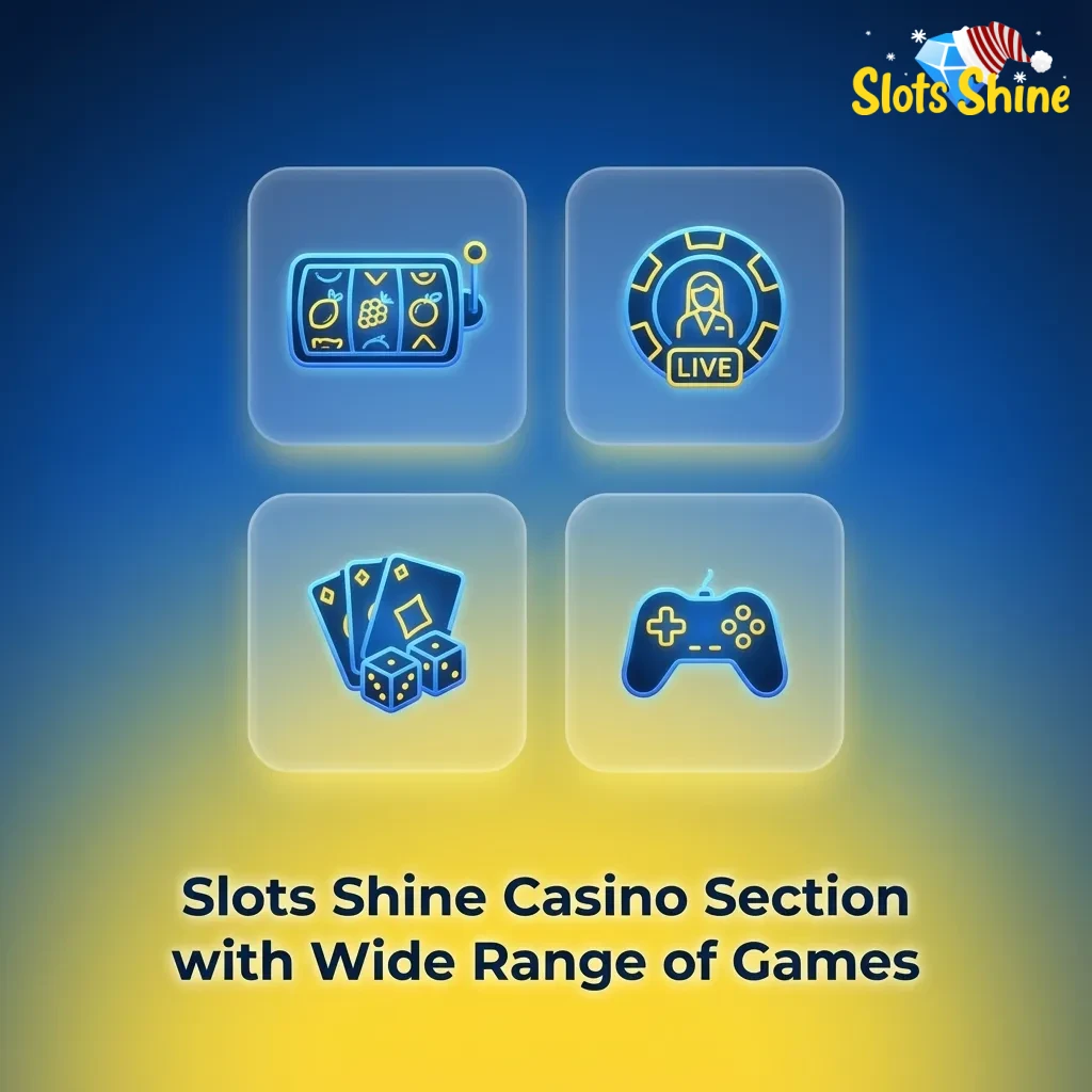 Slots Shine casino lobby showing categories for slots, crash, instant, card, table games, video poker and jackpots