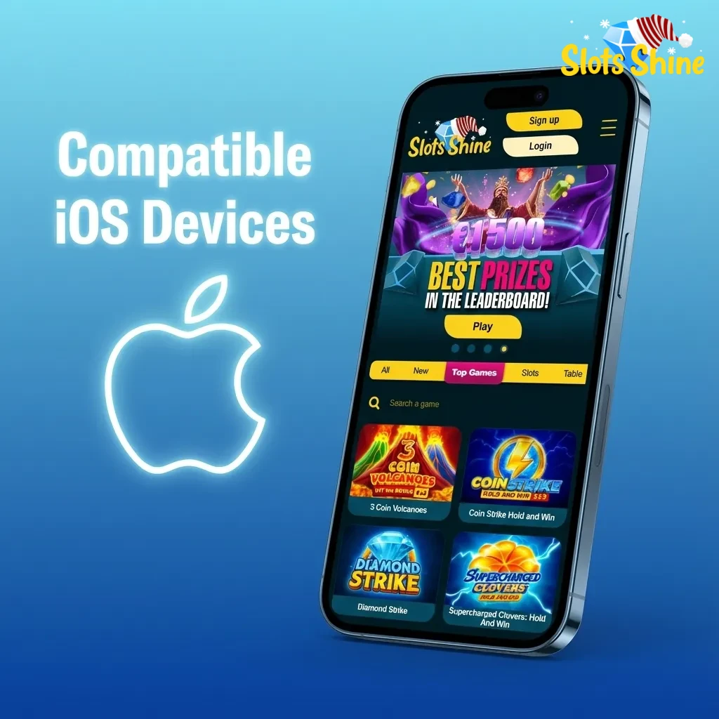 Graphic listing compatible UK iOS devices for Slots Shine, from iPhone X to 15 series and recent iPads with iPadOS 12+