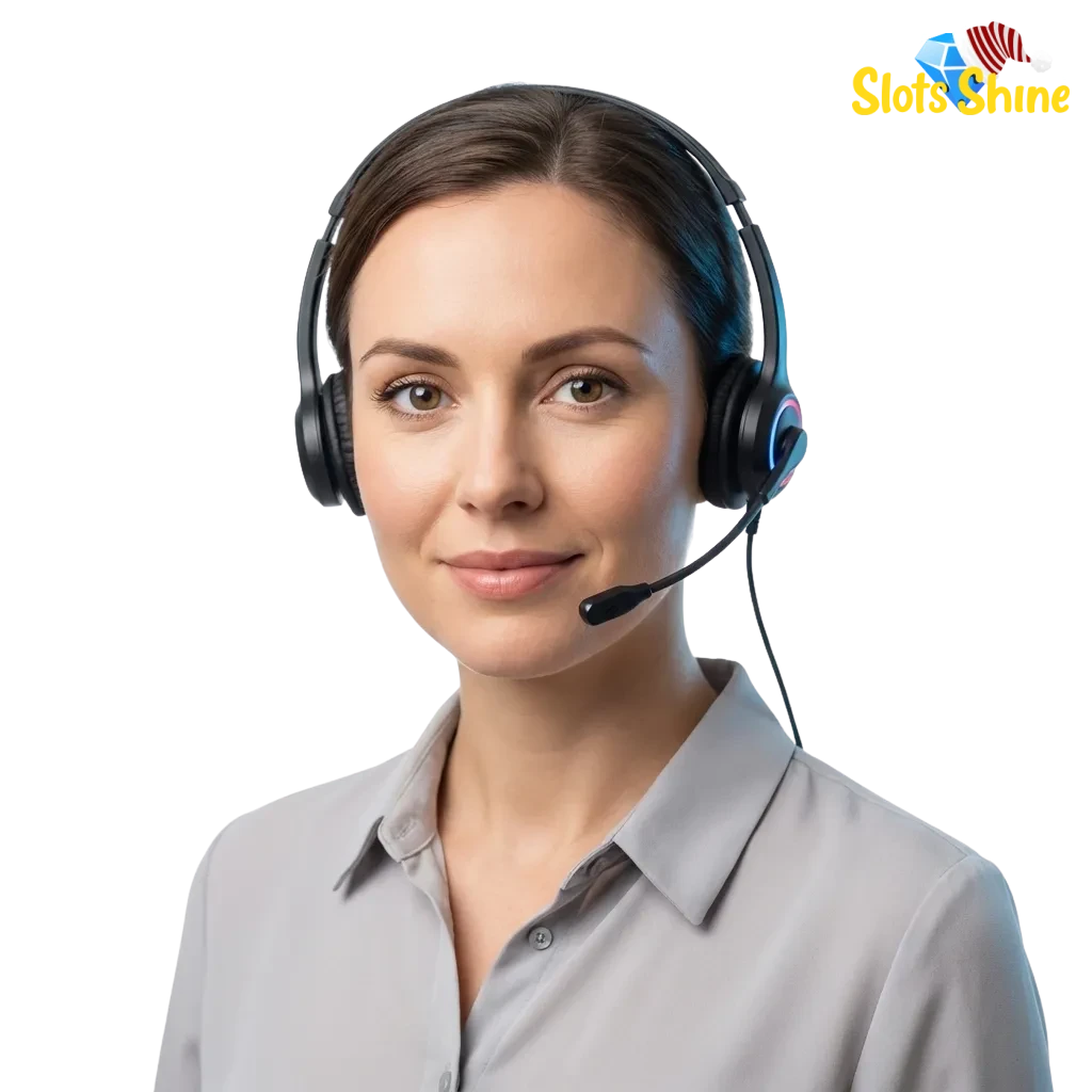 Slots Shine UK support page showing contact options by email, live chat, phone, messengers, and social networks