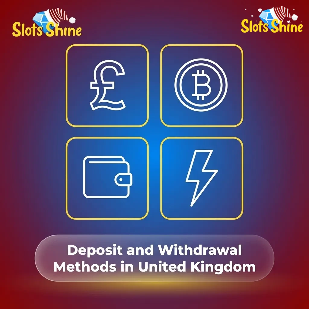 Icons of Visa, Mastercard and major cryptocurrencies showing deposit and withdrawal options for UK Slots Shine players