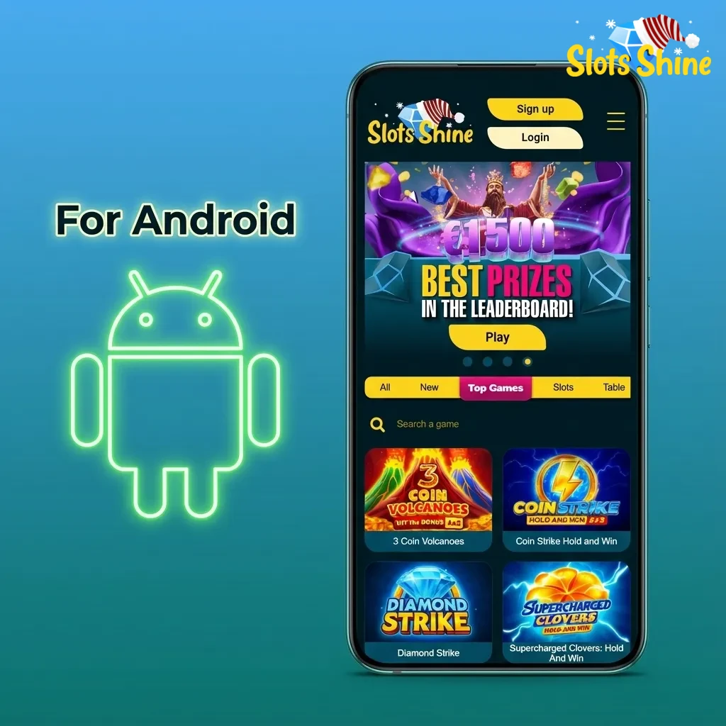 Illustration of an Android phone showing Slots Shine app install steps and casino game icons on a bright screen