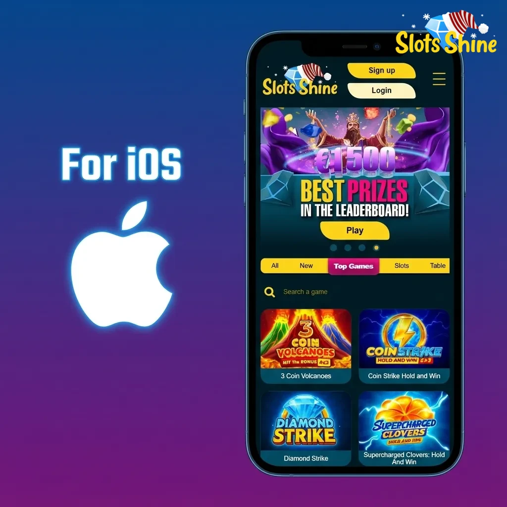 iPhone and iPad showing Slots Shine casino iOS app screens with slots, live tables and sports betting icons