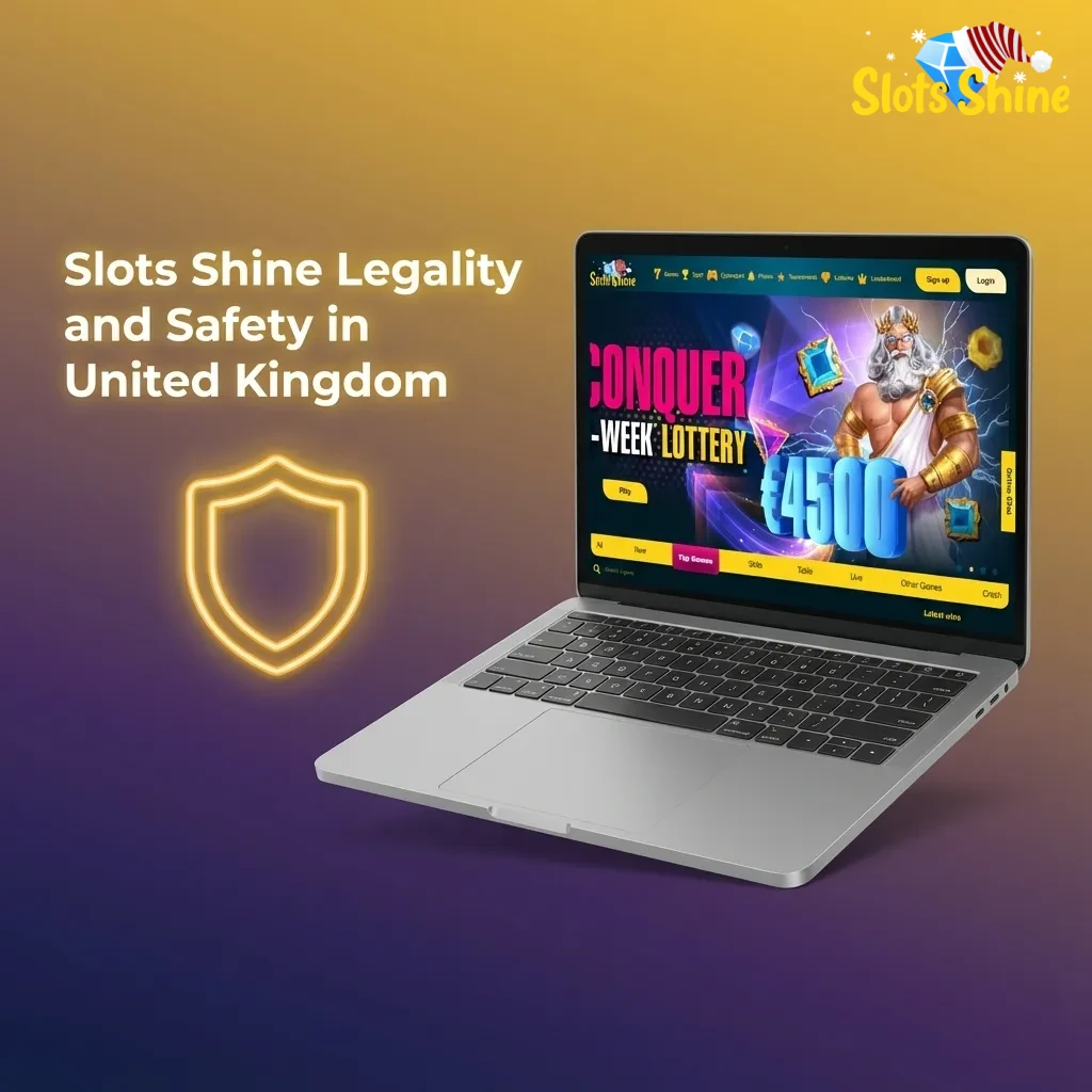 Slots Shine casino banner highlighting Curacao licence, UK safety tools, encryption, and responsible gambling features