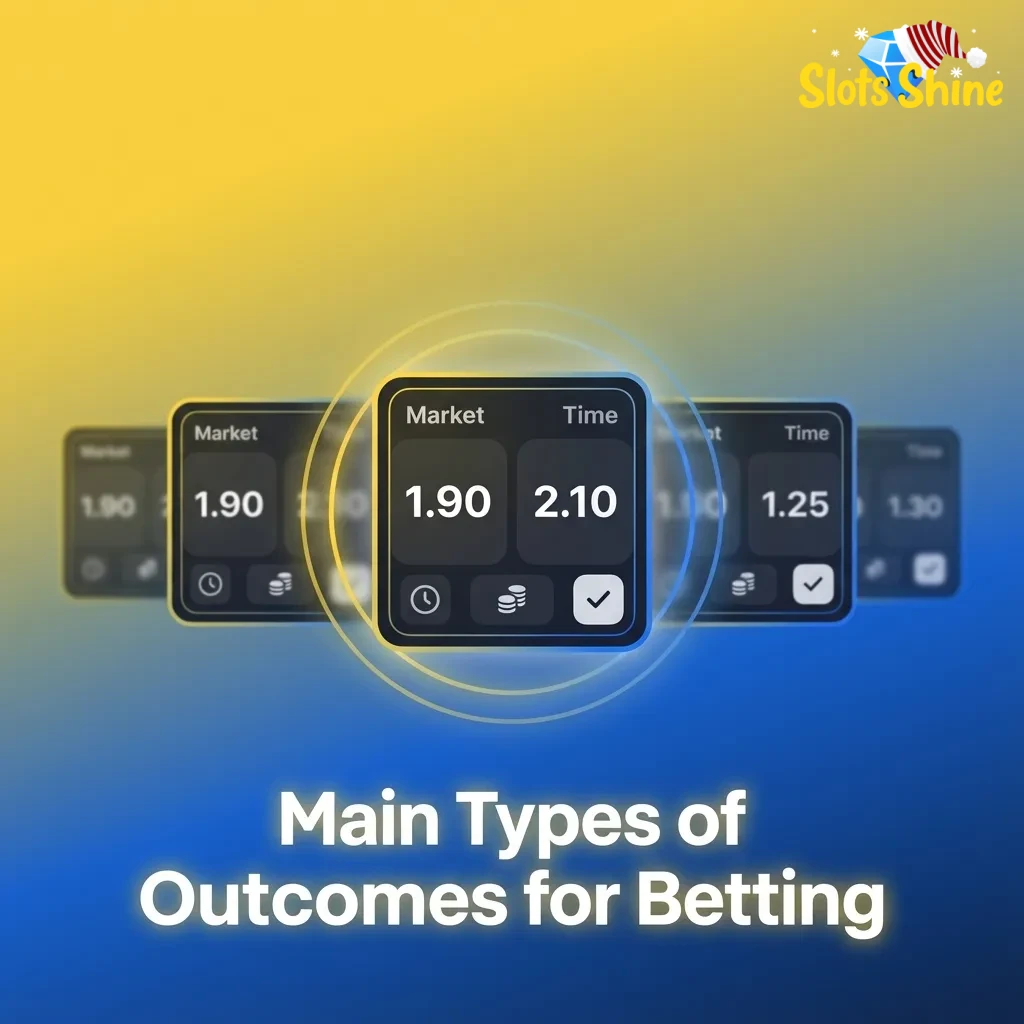 Infographic titled “Main Types of Outcomes for Betting” listing 1X2, over/under, handicap, BTTS, and correct score markets.