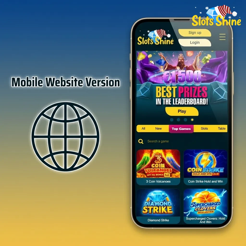 Phone showing Slots Shine mobile site with fixed menus, betslip and touch-friendly game tiles on a clean interface