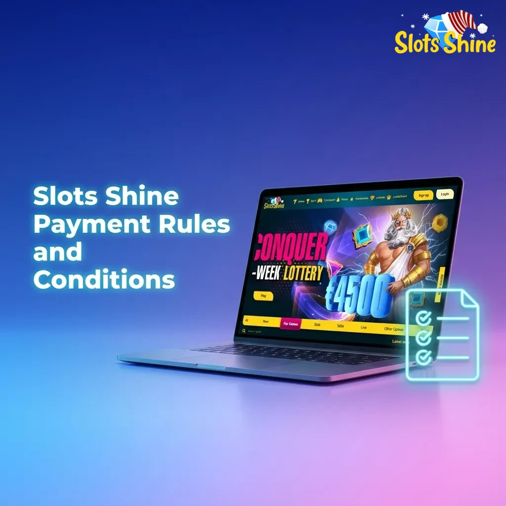 Illustrated Slots Shine payment rules screen highlighting ID checks, own-name methods, same-method payouts, bonuses, and limits.