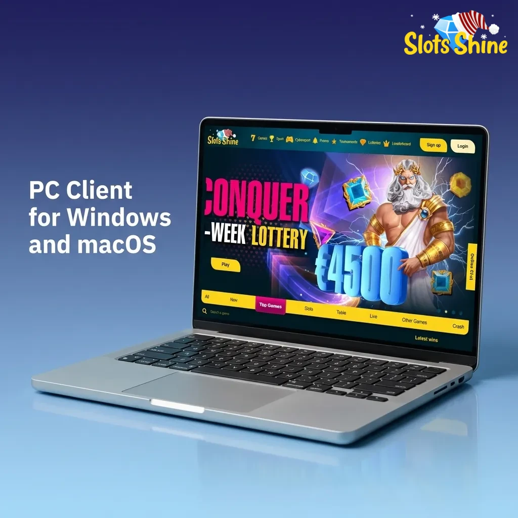 Slots Shine website on a desktop screen, highlighting browser-based play without a Windows or macOS client