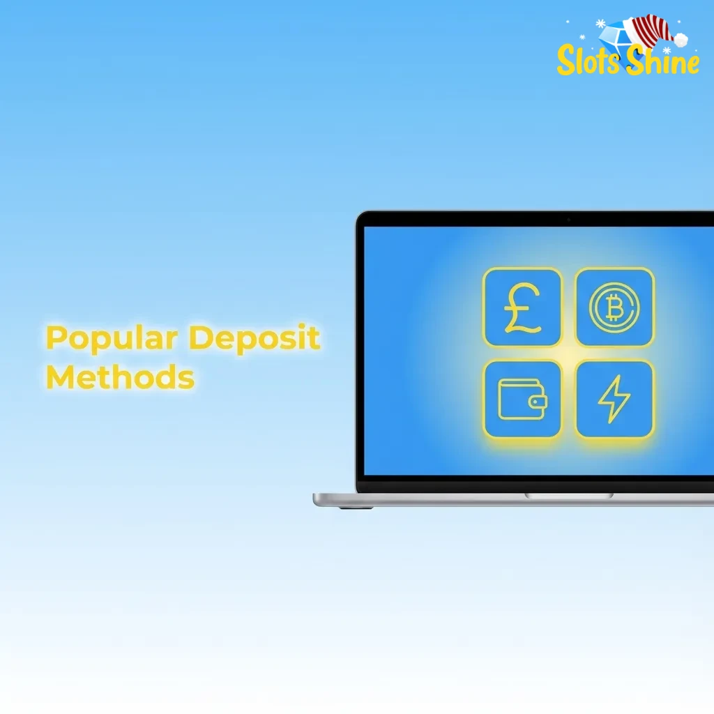 Graphic showing popular Slots Shine deposit methods: Visa, Mastercard, USDT ERC20, prepaid Visa, and virtual bank cards.