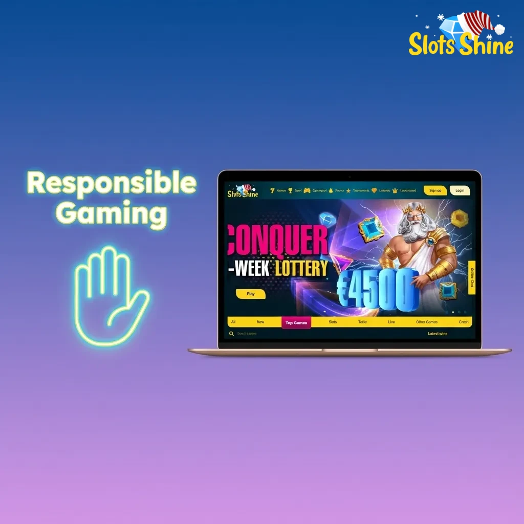 Illustration of a player using Slots Shine with icons for limits, timers, breaks, self‑exclusion, and support for responsible gaming