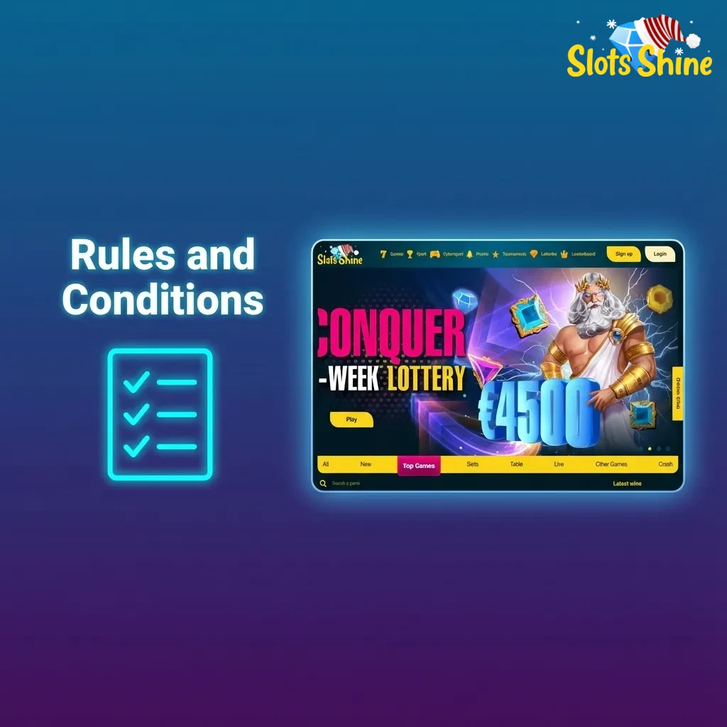 Rules and conditions text for Slots Shine betting site, highlighting age limit, account rules, and bonus terms