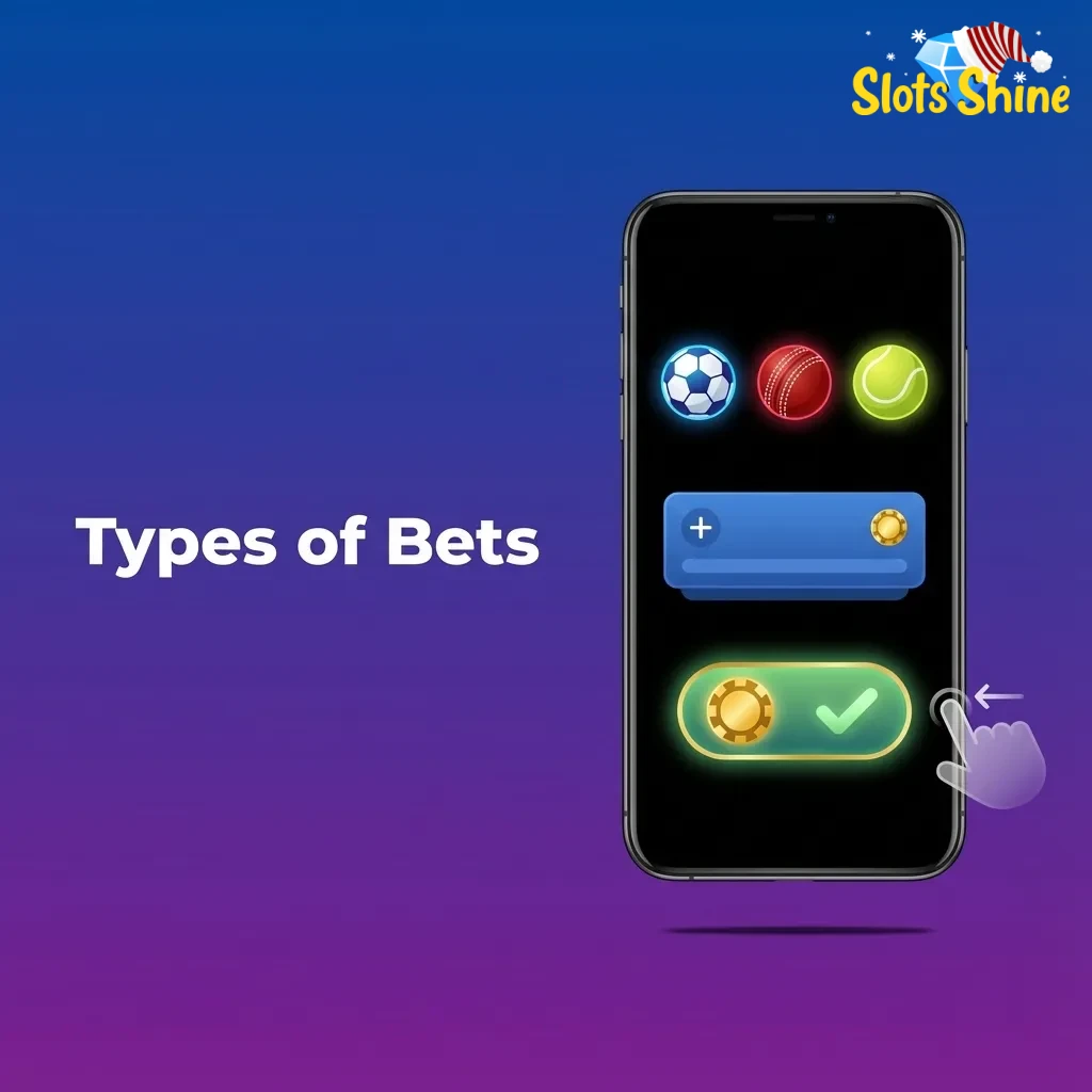 Infographic titled “Types of Bets” showing single, express, and system bets with brief risk and payout descriptions.