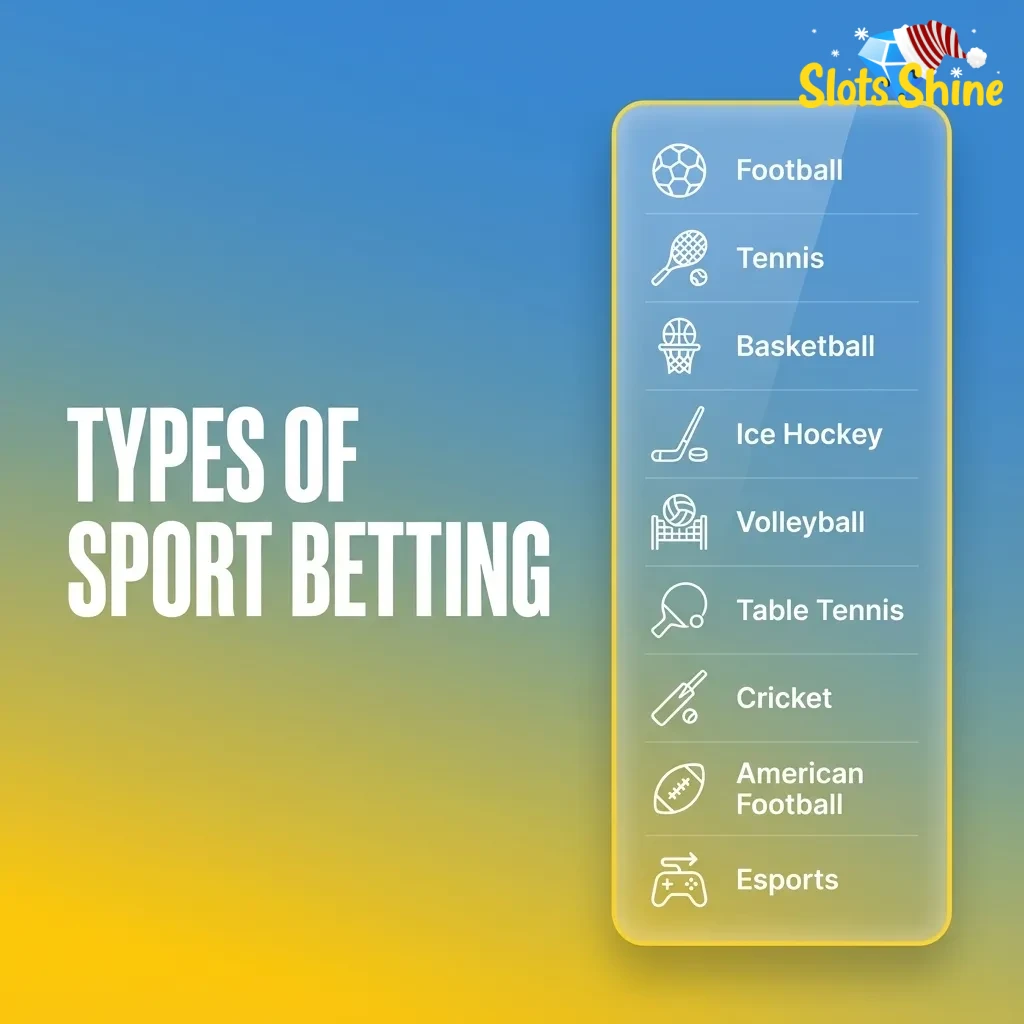 Graphic titled “Types of Sport Betting” showing icons for football, horse racing, cricket, rugby, tennis and betting markets.
