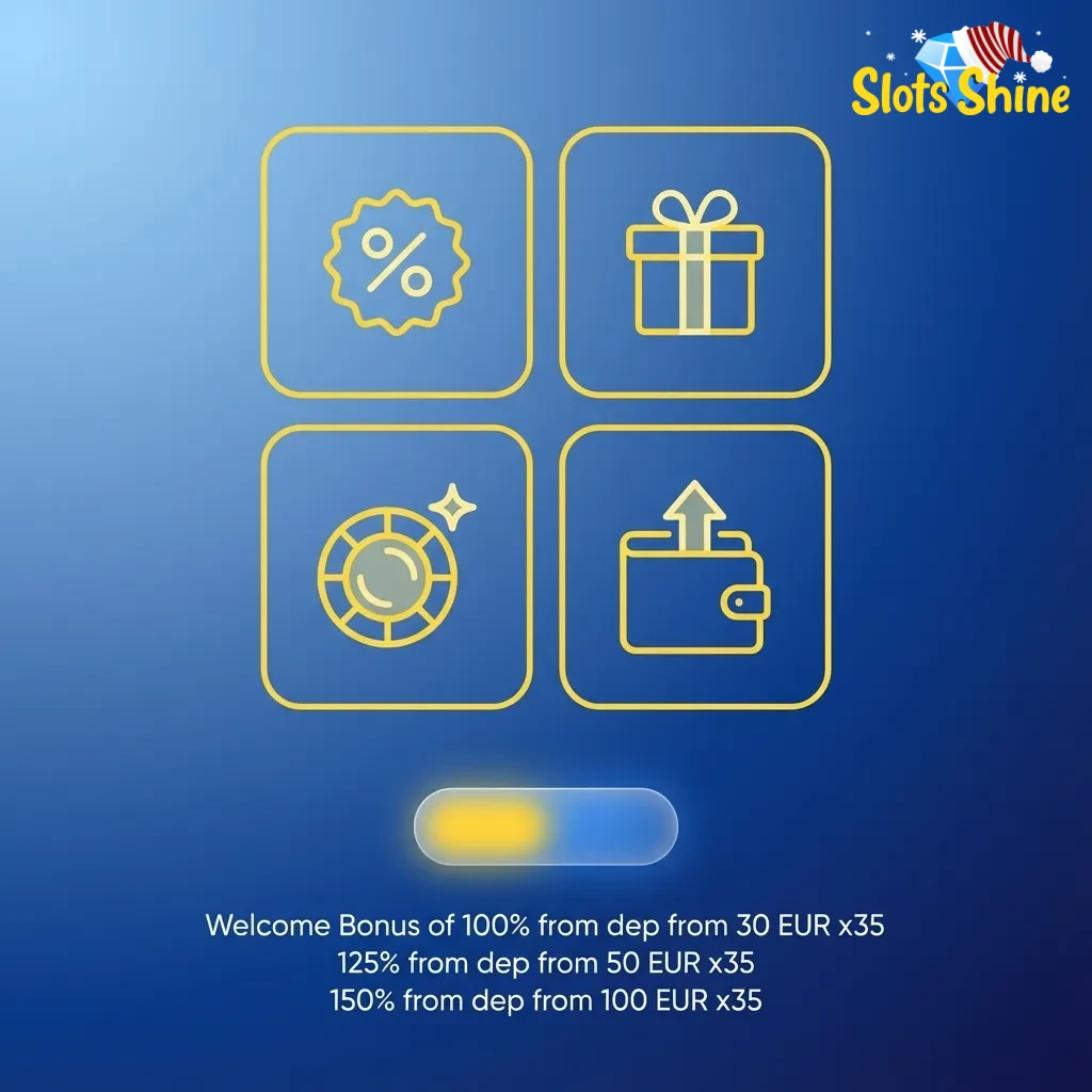 Slots Shine welcome bonus banner showing three tiered deposit offers up to 150% for new UK players