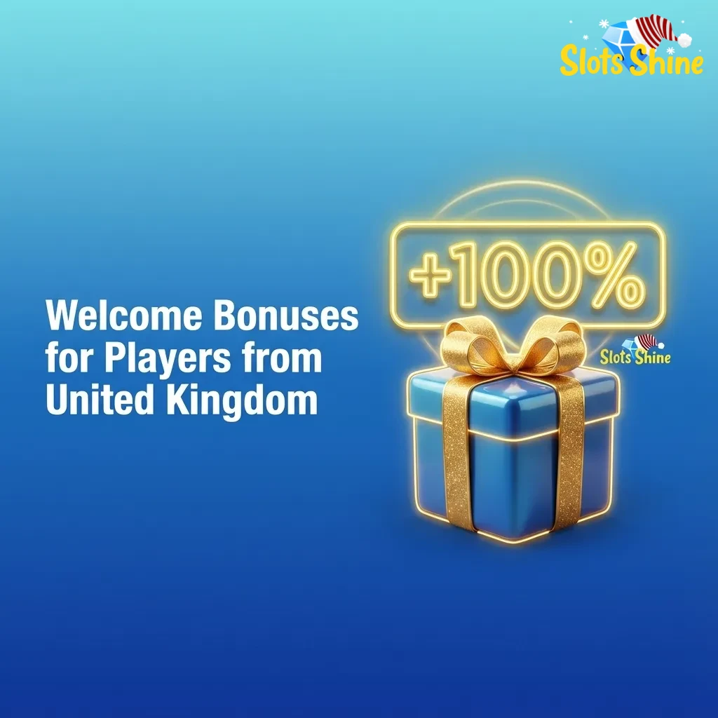 Slots Shine UK welcome bonuses graphic showing 100%, 125% and 150% deposit match offers with wagering terms.