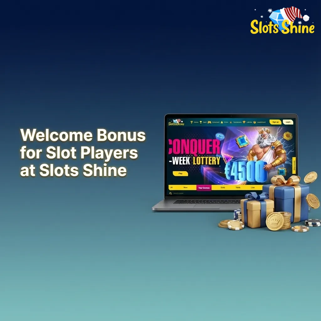 Welcome Bonus for Slot Players promotion banner at Slots Shine, showing deposit match offers and spinning slot reels