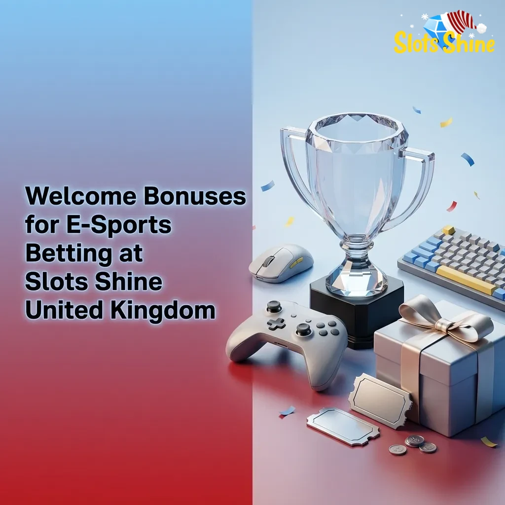 Banner for Slots Shine UK showing three esports welcome bonuses: 100%, 125%, 150% with deposit tiers and wagering terms.